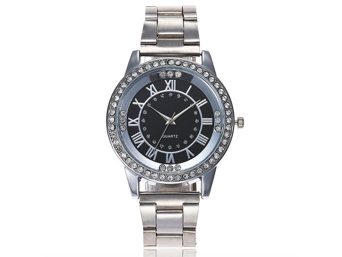 Relógio de Pulso Feminino Vansvar Quartzo com Pulseira de Aço e Strass Números Romanos Prata Preto