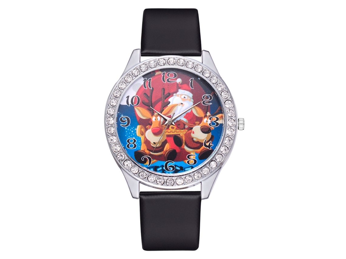 Relógio feminino de quartzo com pulseira de couro PU, modelo moderno com strass, preto.