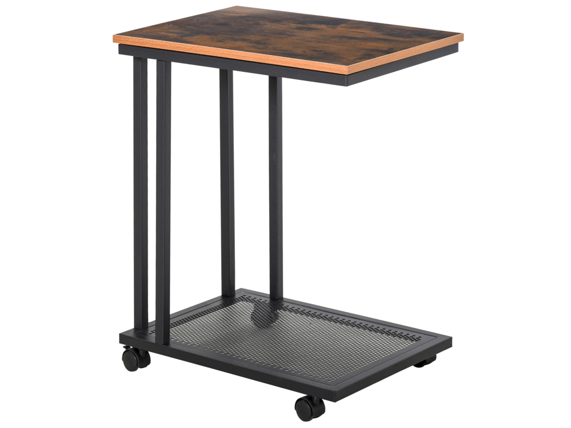Mesa lateral carrinho formato C base metálica industrial nogueira 51x36x65cm preto