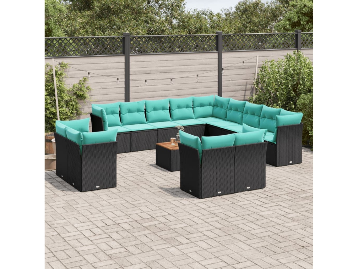 Vidaxl 14 Pcs Conjunto De Sofás P/ Jardim C/ Almofadões Vime Pe Preto