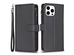 Capa Bolso Fecho Para Iphone 15 Pro Pele Sintética Preto