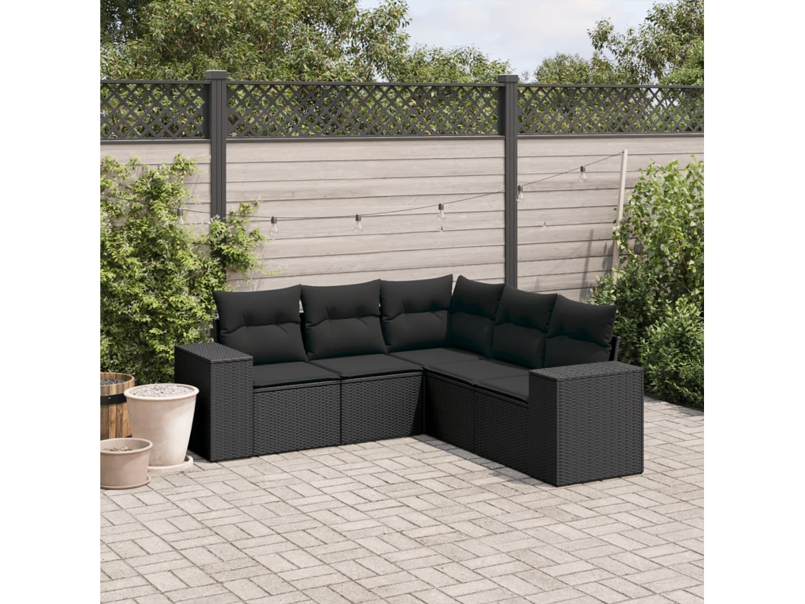 Conjunto de 5 Sofás de Jardim com Almofadas Vime Pe Preto Dkd Home Decor
