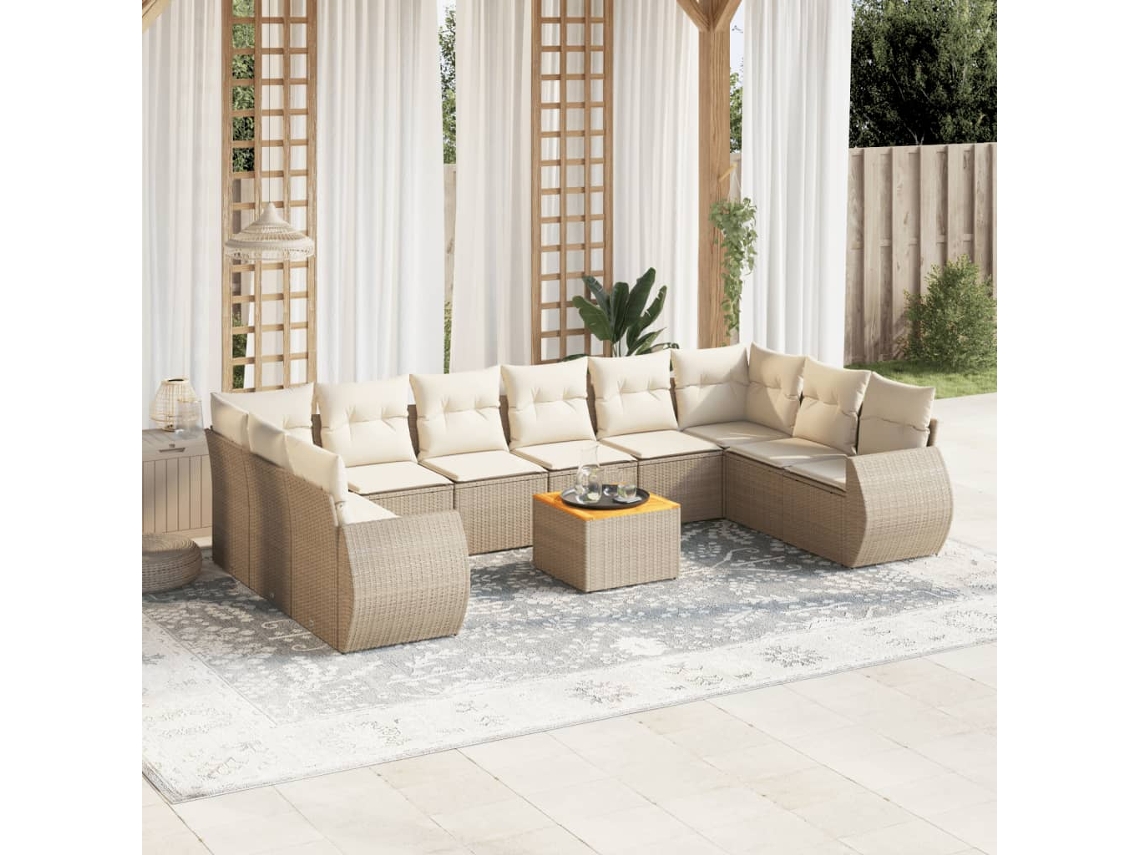 Vidaxl 11 Pcs Conjunto Sofás De Jardim C/ Almofadões Vime Pe Bege