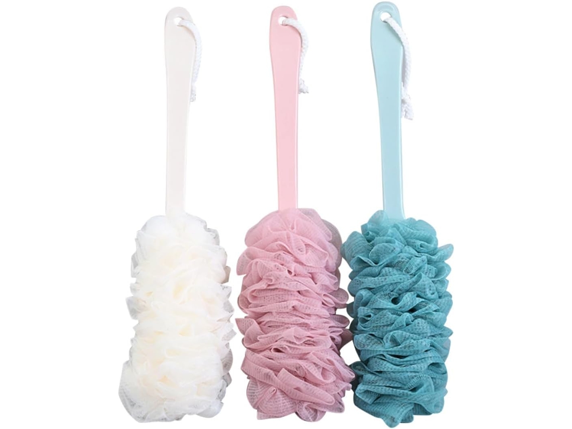 Conjunto De 3 Escovas Banho Pe Com Cabo Longo Para Limpeza Corporal | Branca, Azul E Rosa, Embaladas Individualmente