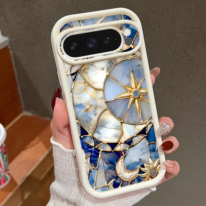 Capa Para Celular Google Pixel 10 Com Estampa Retrô De Sol E Lua (branca), Em Tpu Macio E Resistente A Impactos.
