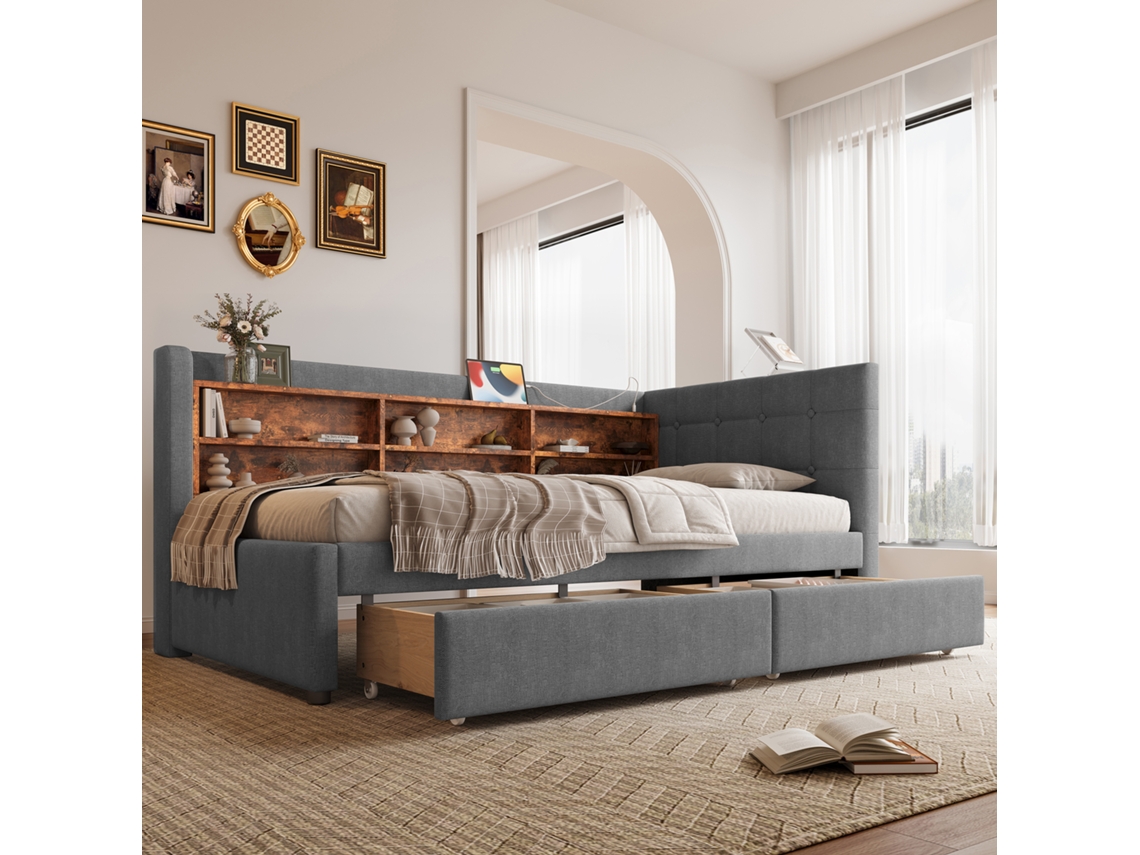 Daybed Cinza 90x200cm, Sofá-cama, 2 Gavetas, Usb-c, Ripas. -op