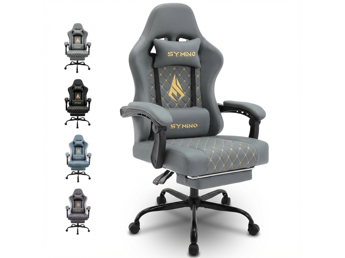 Cadeira Gaming SYMINO Pele PU Race Confortável, Ajustável CINZA SYMINO