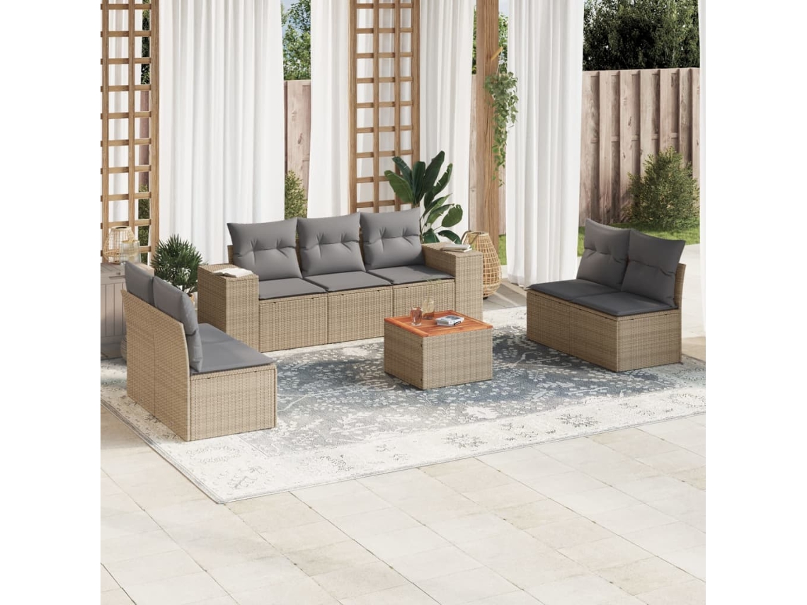 Vidaxl 8 Pcs Conjunto De Sofás P/ Jardim Com Almofadões Vime Pe Bege