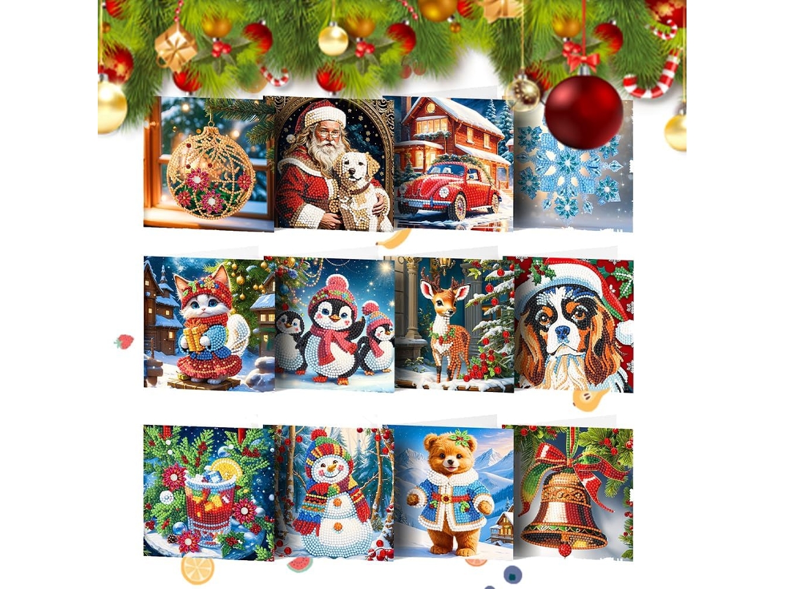 Cartões De Natal Com Pintura De Diamante, Pacote Com 12 Unidades, Cartões De Natal Feitos À Mão Aquaforge