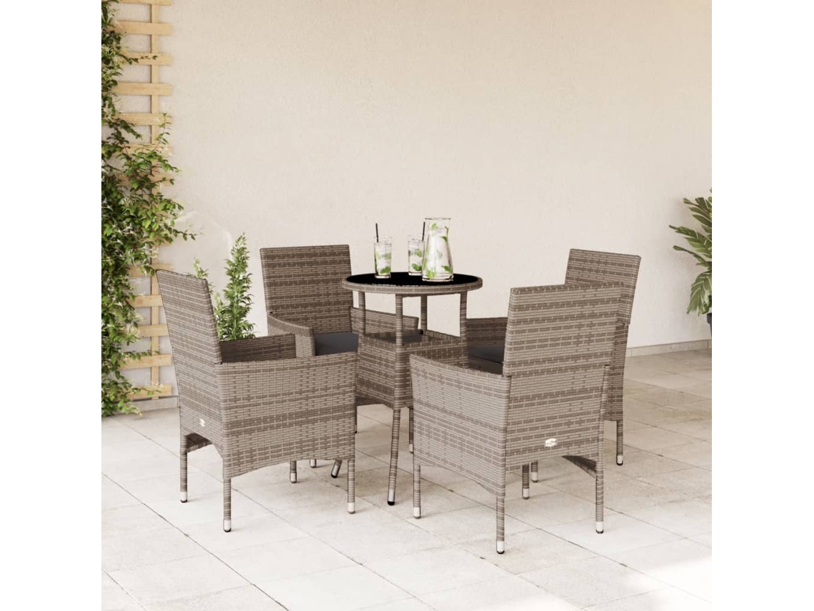 Vidaxl 5 Pcs Conjunto Jantar Jardim C/ Almofadões Vime Pe/vidro Cinza