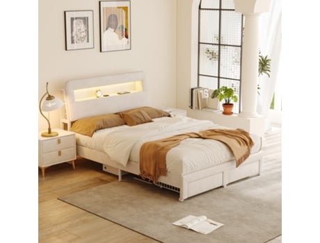 Cama De Casal, 140x200cm, Com Almofadas, Led E Entrada Usb, 2 Gavetas, Estrado De Ripas, Forrado A Veludo, Sem Colchão. Rosahqnda