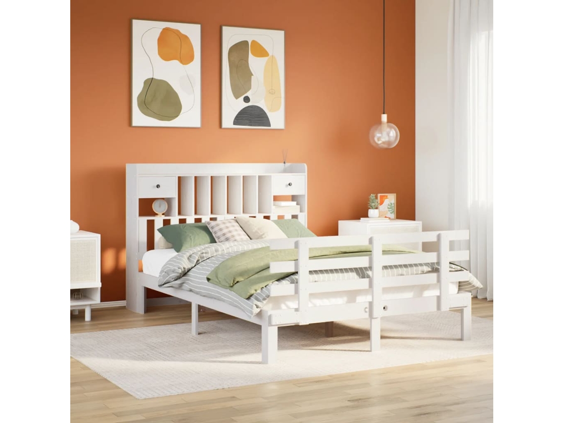 Vidaxl Cama Com Estante Sem Colchão 140x200 Cm Pinho Maciço Branco