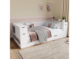 Cama Infantil 90x200 Cm Multifuncional Com Gavetas, Prateleiras E Mesa De Cabeceira Branca Estilo