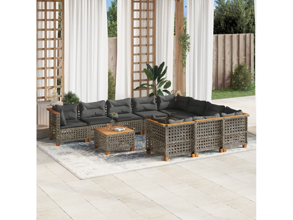Vidaxl 11 Pcs Conjunto Sofás De Jardim C/ Almofadões Vime Pe Cinzento