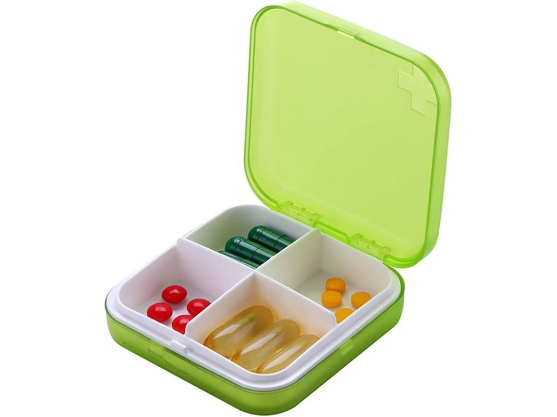 Organizador de Remédios Portátil Pequeno com 4 Compartimentos para Bolsa Ou Bolso Material Seguro Verde