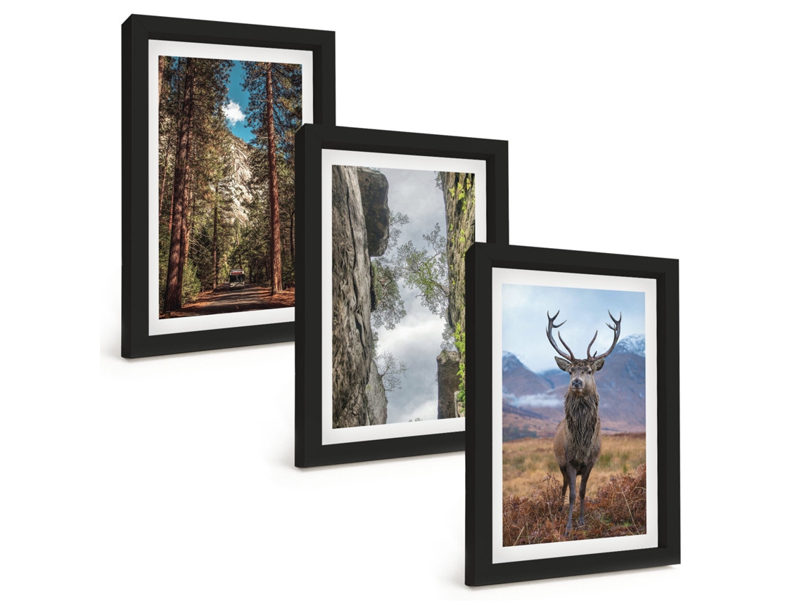 Galeria De Pinturas Muraisestrada, Floresta, Montanhas, Veado, Natureza Moldura Preta Fotos Para O Escritório Espelharte (3 Peças 20x30 Cm)