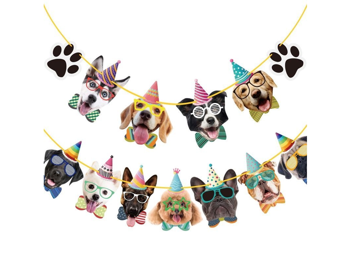 Conjunto de 15 faixas decorativas com rostos e patas de cachorro para festas de aniversário e eventos com tema canino.