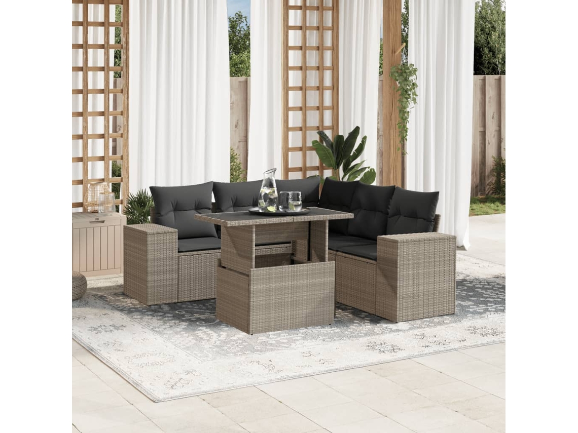 Vidaxl 6 Pcs Conj. Sofás Jardim com Almofadões Vime Pe Cinzento claro