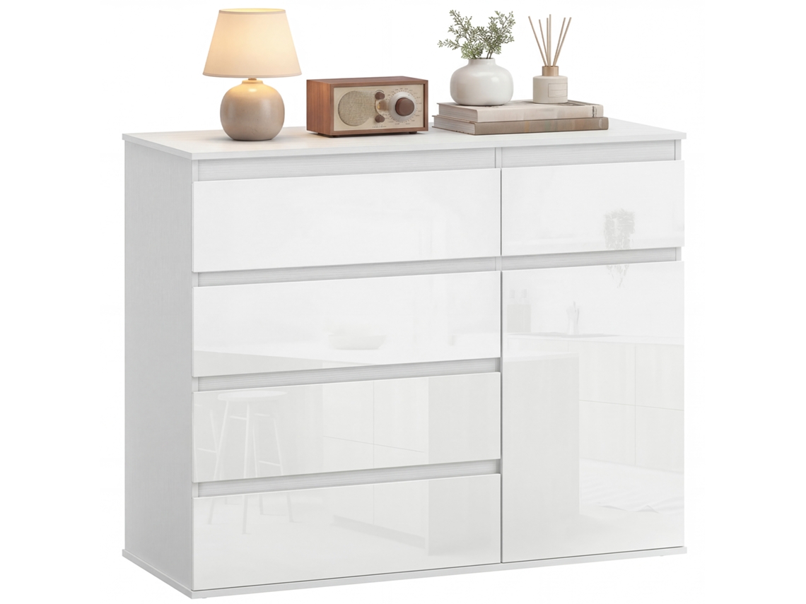Credenza, Móvel Com 5 Cassetes, Ripiano Regolabile, Bianco Lucido.