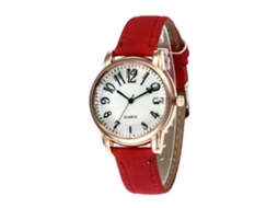 Relógio de Pulso Feminino de Moda com Pulseira de Couro e Mostrador Redondo Vermelho