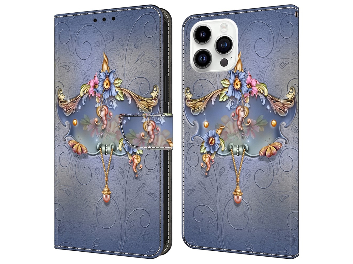Capa Em Couro Pu Com Suporte Para Apple Iphone 16 Pro - Flor Esculpida