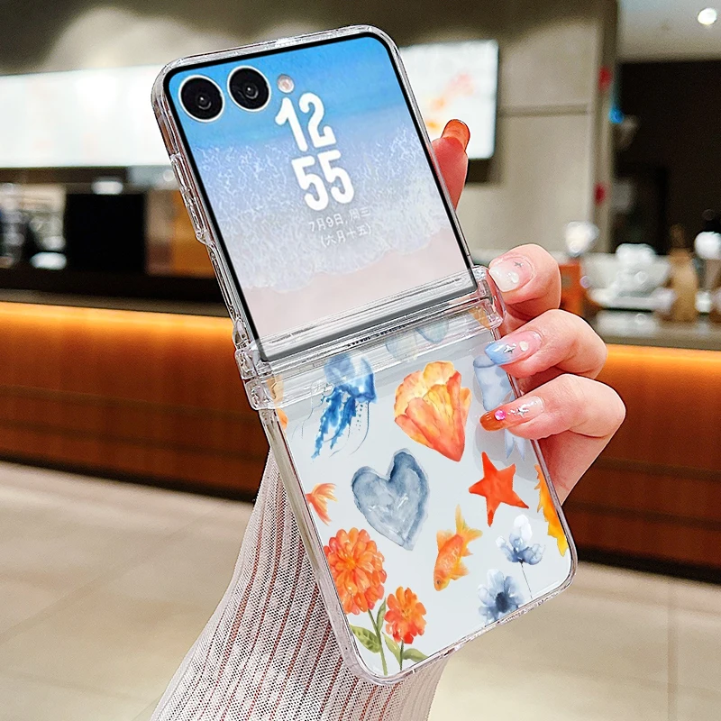 Capa Transparente Para Samsung Galaxy Z Flip4 Com Estampa De Conchas, Feita De Material Rígido À Prova De Choque.
