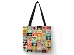 Bolsa de Compras Feminina com Estampa Floral Gatinho Desenho Animado, Ombro em Tecido Linho, Ec Ológica, Reutilizável e do GOKOCO