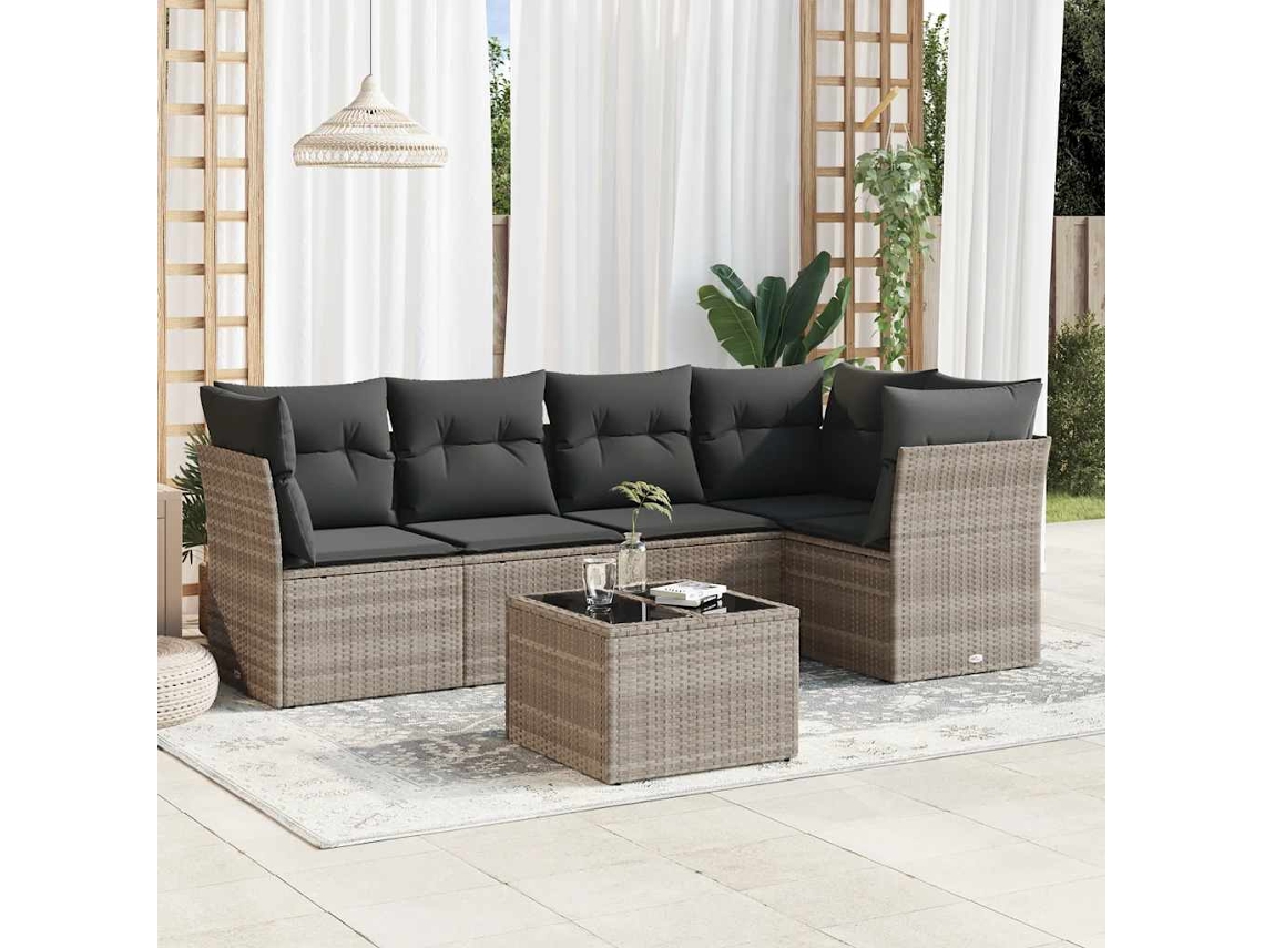 Vidaxl 6 Pcs Conj. Sofás Jardim Com Almofadões Vime Pe Cinzento-claro