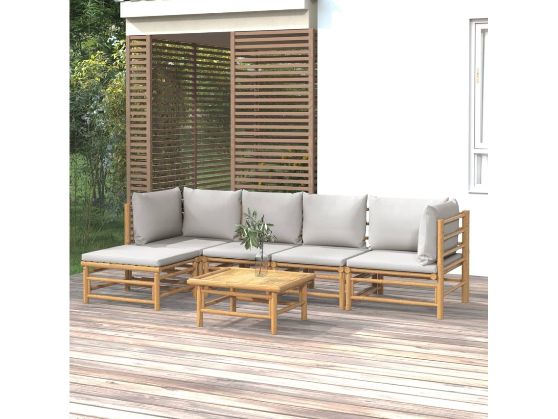 Vidaxl 6 Pcs Conj. Lounge De Jardim Bambu C/ Almofadões Cinzento-claro