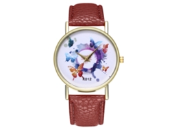 Relógio de Quartzo com Pulseira de Couro Padrão de Borboletas Coloridas para Mulheres (café)
