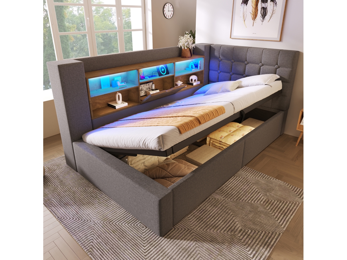 Cama Individual Estofada 90x190 Led, Armazenamento Hidráulico, Cabeceira L, Montável Em Ambos Os Lados Cinza Mobrio