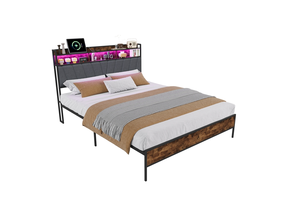 Cama De Casal 160x200 Com Estrado Metálico, Iluminação Led E Portas Usb, Estrutura Com Cabeceira, Espaço De Arrumação De 30 Cm, Mexus