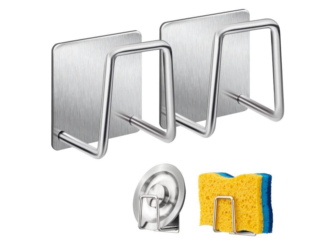Suporte para esponja em aço inoxidável 304 2026 com gancho adesivo, acessórios para pia, pacote com 2 unidades, prata.