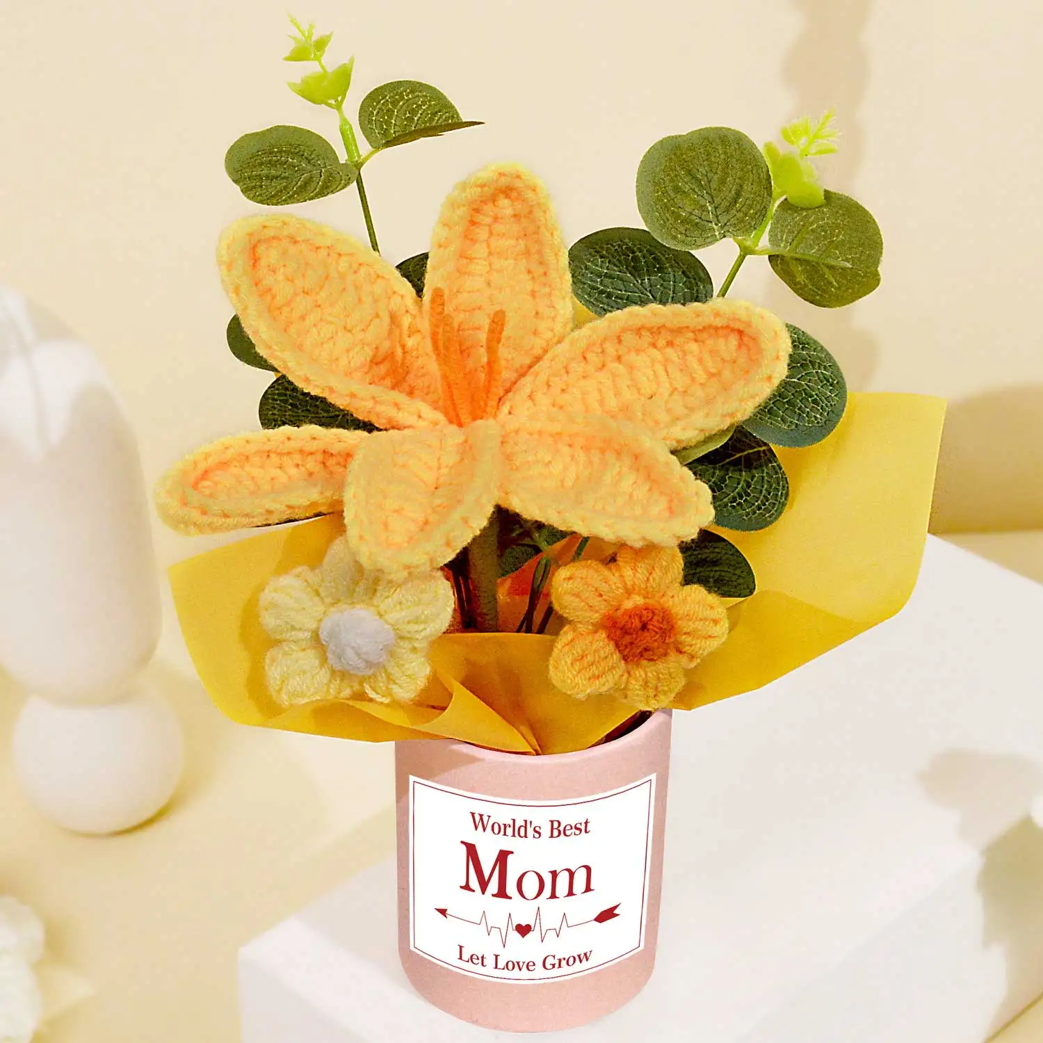 (dourado) Flores Feitas À Mão Em Crochê, Buquê Tricotado Finalizado, Um Conjunto De Margaridas Tricotadas Genuínas