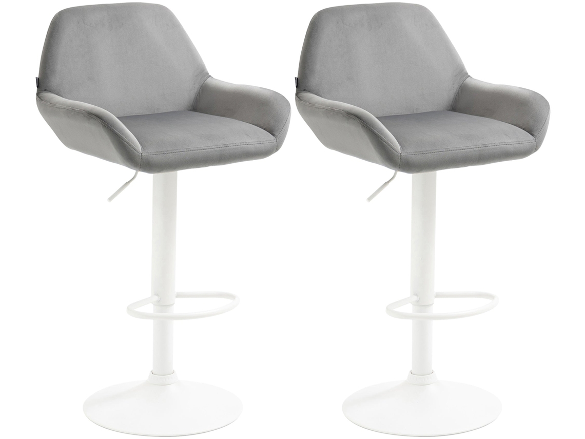 Conjunto de 2 banquetas de bar com apoio para os pés arqueado em metal branco com assento em veludo cinza 10_0004037