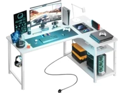Secretária para Jogos em Forma de L Secretária com Prateleiras para Arrumação com Porta de Carregamento Usb e Tomada Eléctrica Branco COMHOMA