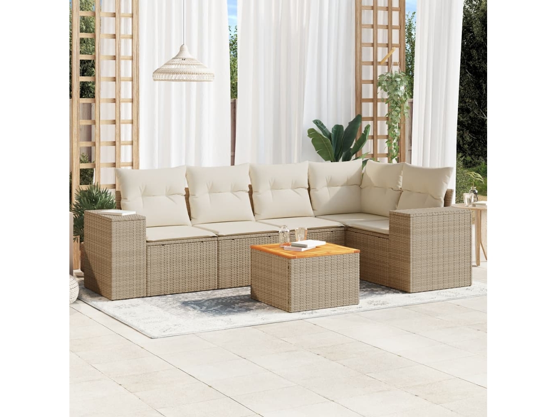 Vidaxl 6 Pcs Conjunto De Sofás P/ Jardim Com Almofadões Vime Pe Bege