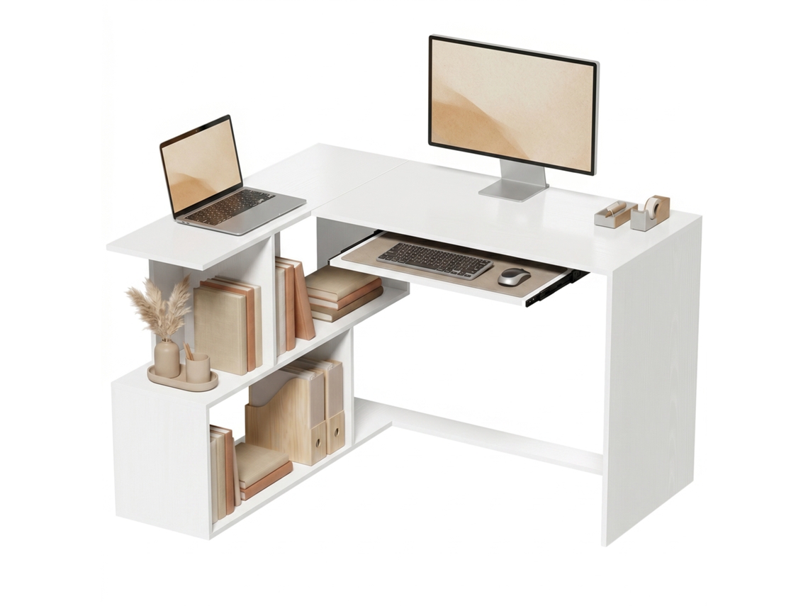 Mesa De Canto Para Computador Com Suporte Para Teclado E Prateleiras Abertas, Acabamento Com Efeito Madeira Branco