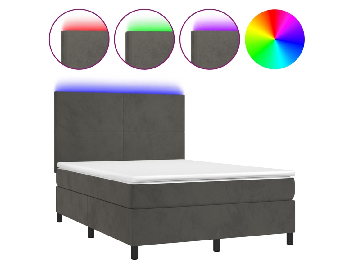 Cama Box Spring com Colchão LED Veludo Cinzento Escuro MAISON EXCLUSIVE (140x200 cm)