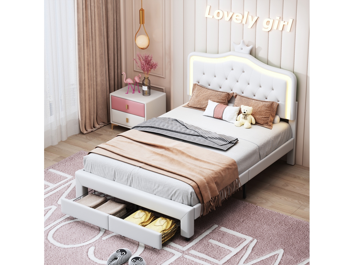 Cama Infantil Estofada,140x200 Cm, Com Cabeceira Em Formato De Coroa De Princesa E Iluminação Led, Cama De Solteiro Com 2 Gavetas, Em Pu Branco