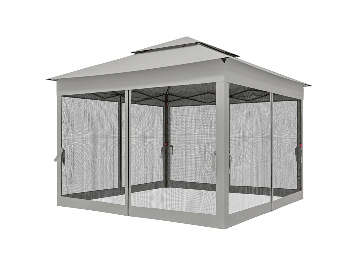 Tenda Dobrável Exterior 325x325x270 Cm De Jardim Com Teto Duplo Rede Mosquiteira Amovível E Bolsa De Transporte Cinzento