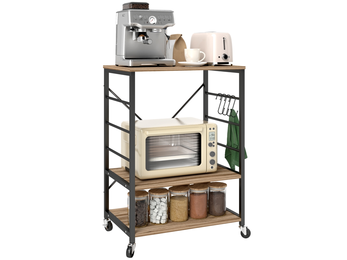 Prateleira de cozinha BTFORUS 3 níveis estilo industrial com rodízios e 4 ganchos 60x40x84 cm cor teca