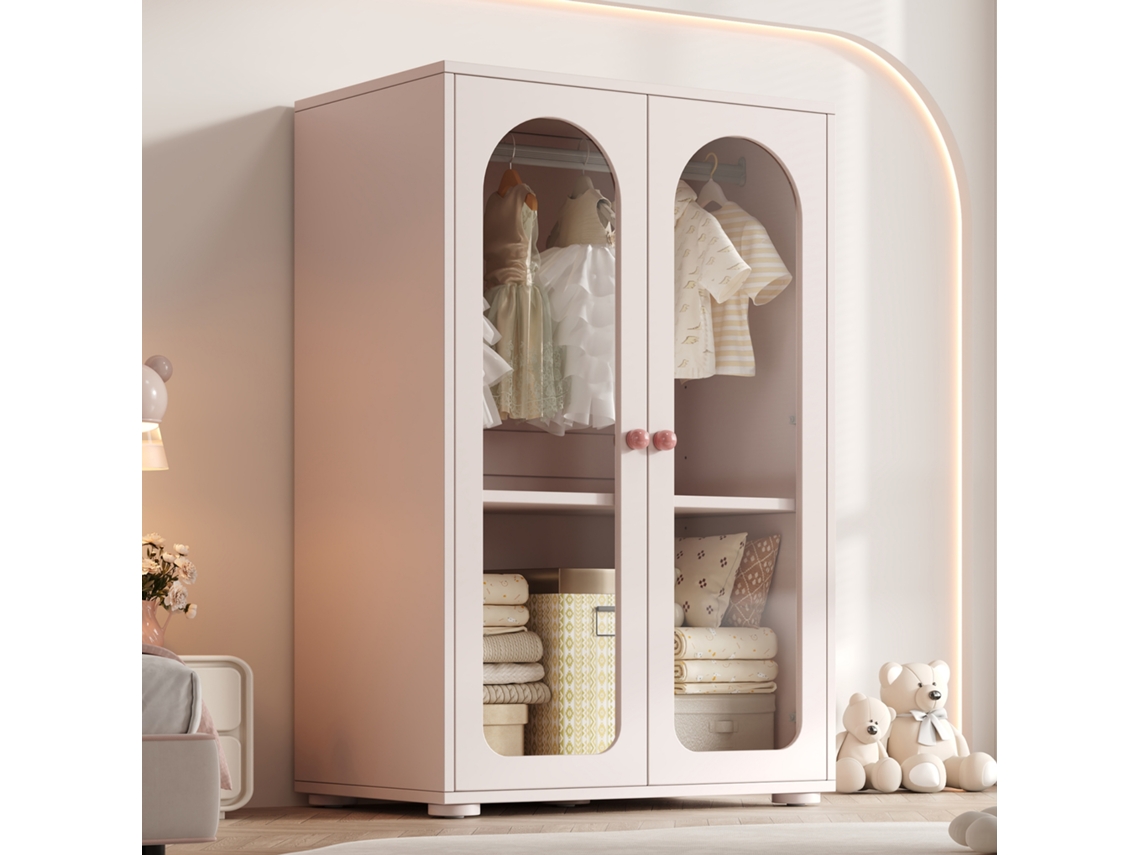 Guarda-roupa 2 Portas, Laqueado, Infantil Com Cabideiro, Portas Acrílico, Puxadores Cerâmica, Rosa Bebê, 80×50×120 Cm