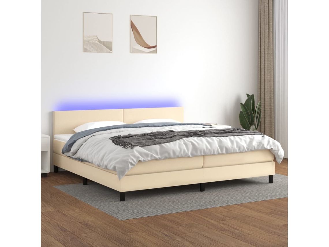Vidaxl Cama Box Spring C/ Colchão E Led 200x200 Cm Tecido Cor Creme