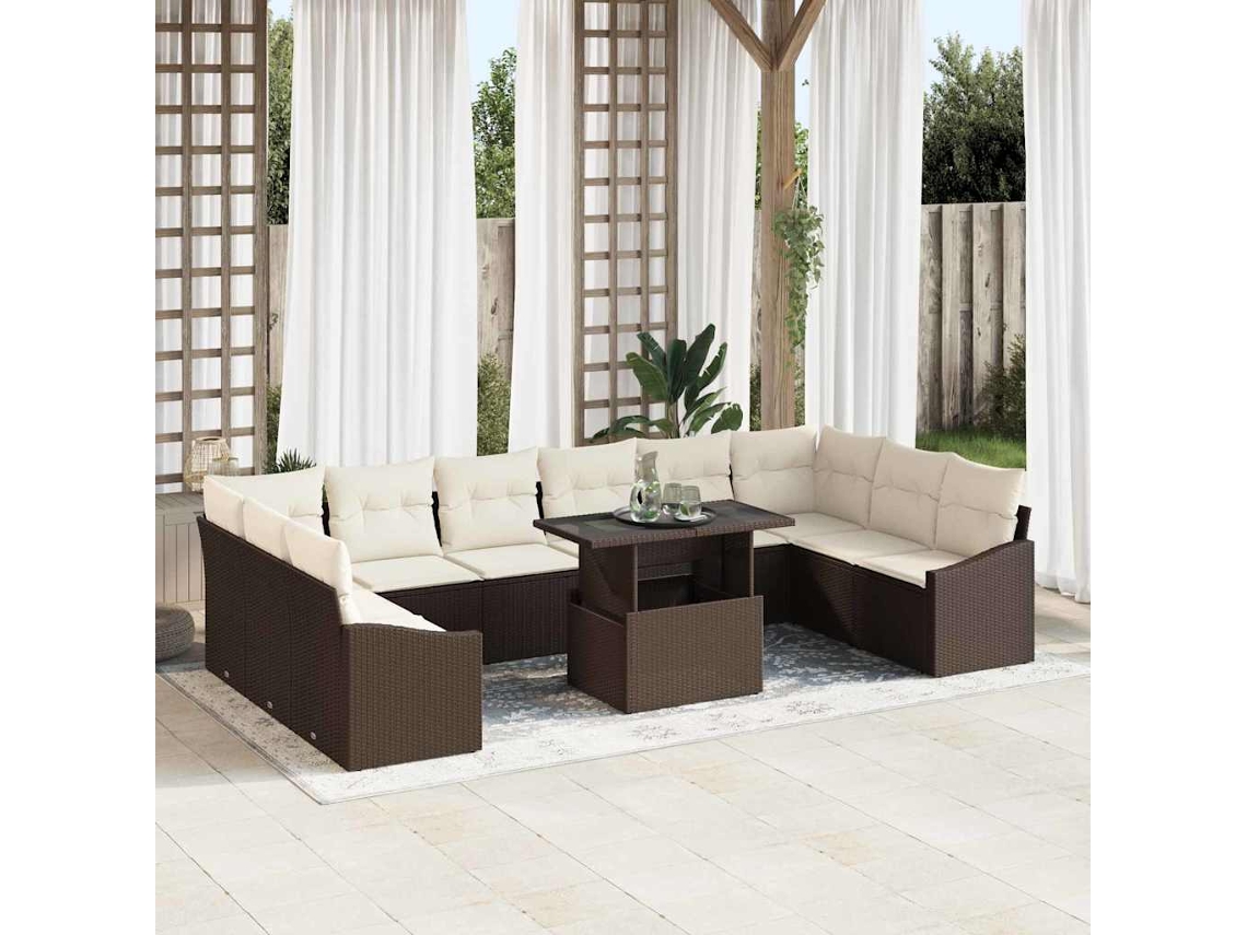 Vidaxl Conjunto De Sofás Com Almofada 11 Pcs Marrom E Creme Vime Pe