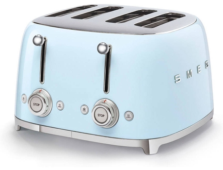 Torradeira SMEG Anni 50 TSF03PBEU Azul (2000 W) — Torradeira de 4 fendas 2000W com 6 níveis de tostagem. Entradas extra largas e 2 gavetas de migalhas. 2 botões com comandos independentes. com funções para aquecer. descongelar e bagel (tostar apenas uma face)