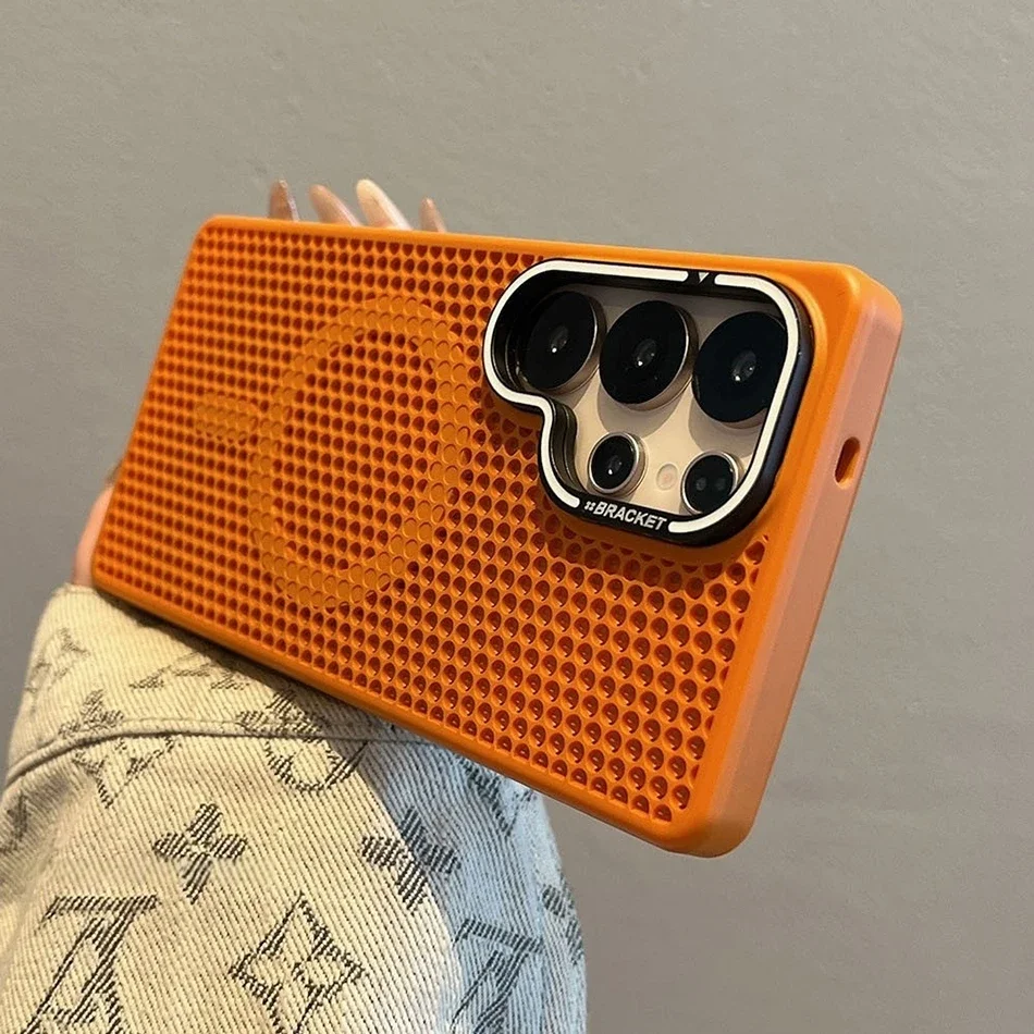 Capa Protetora Com Dissipação De Calor (laranja Galaxy S25), Suporte Para Lente Dourado, Carregamento Sem Fio.