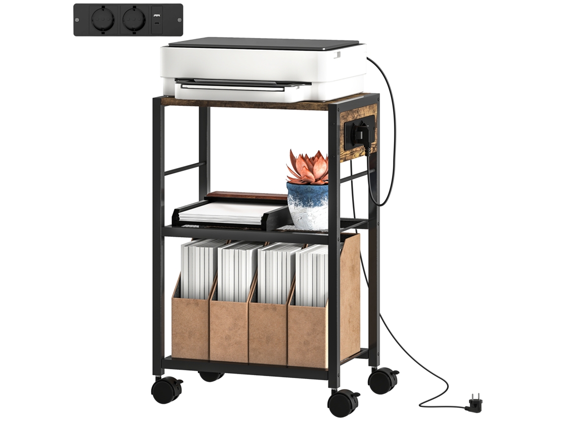 Suporte Impressora Com Rodízios E Tomadas, Portas Usb‑usb‑c, Carga 40 kg, Castanho Rústico