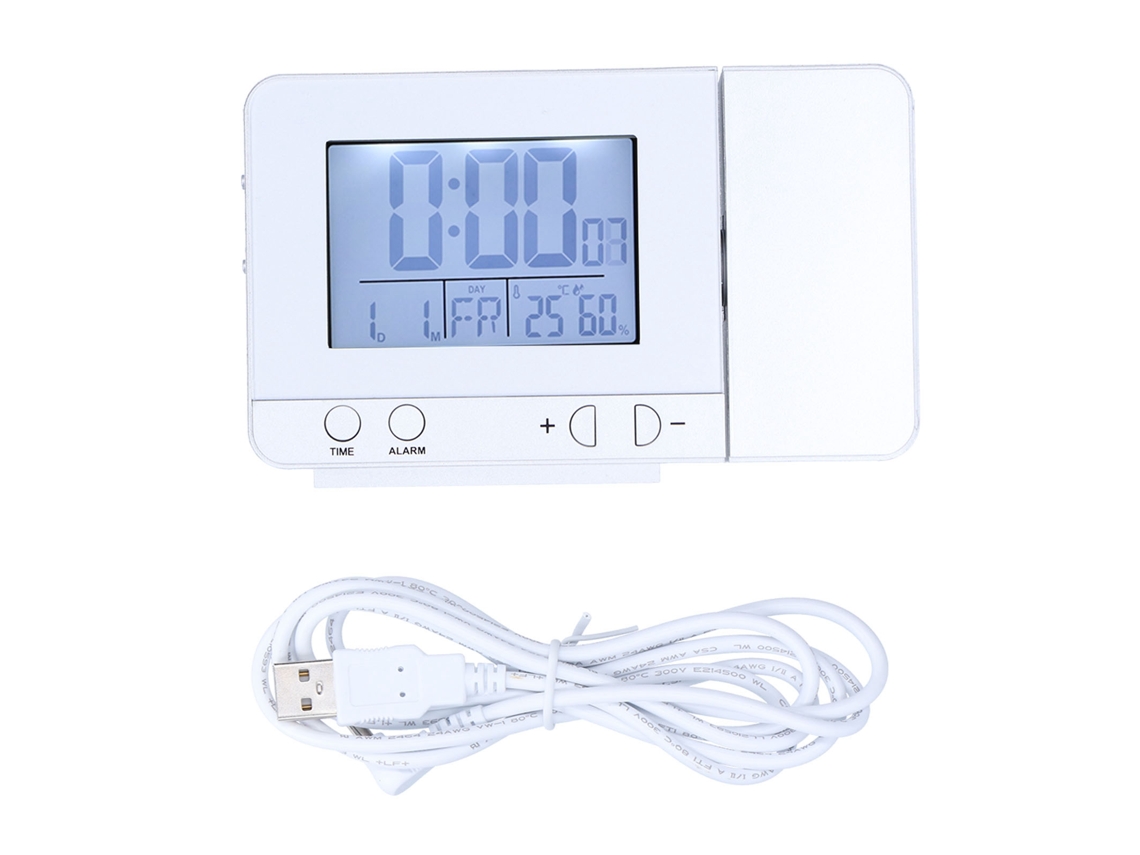 Relógio de projeção digital 180° com alarme, USB, temperatura e humidade, prateado LAXISCREED