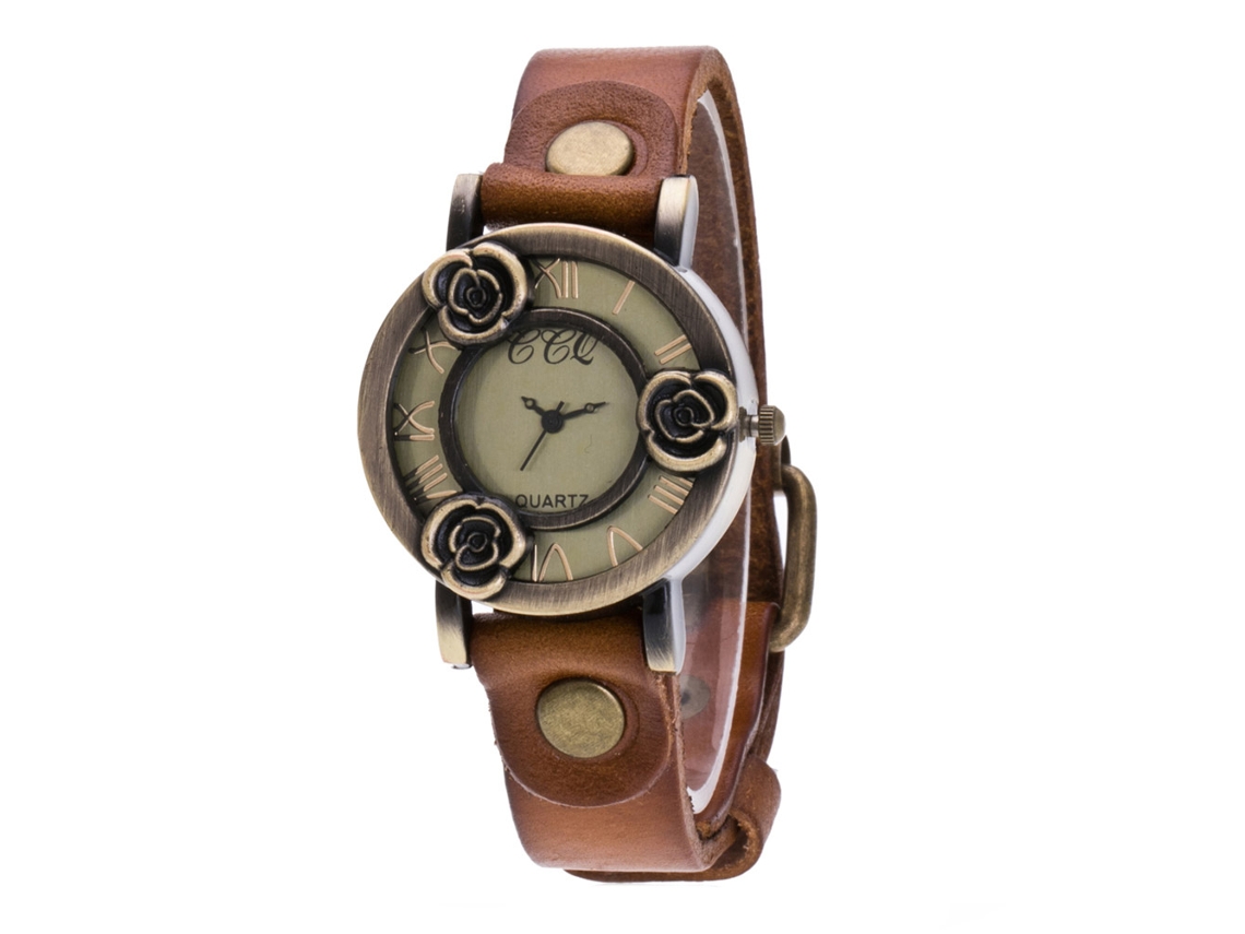Relógio Feminino de Quartzo com Números Romanos Pulseira Pu Floral Oca Café Claro